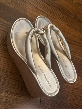 Veronica Beard Metallic Gold Cork Platform Thong Sandals